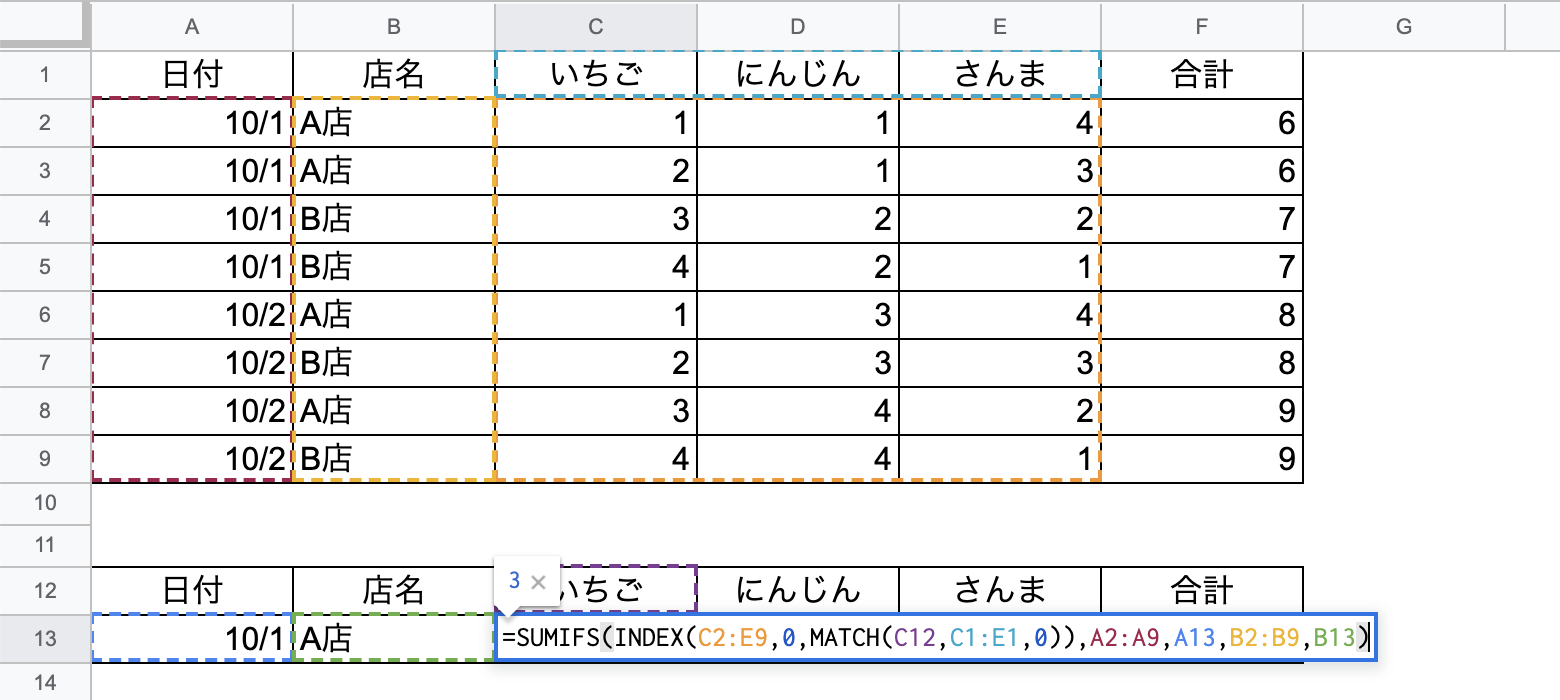 SUMIFS関数で縦横混合の集計